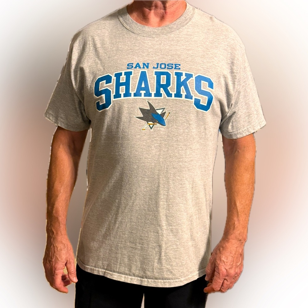 SHARKS T-SHIRT Hockey season is HERE! Gray background Like New Hanes Sz L